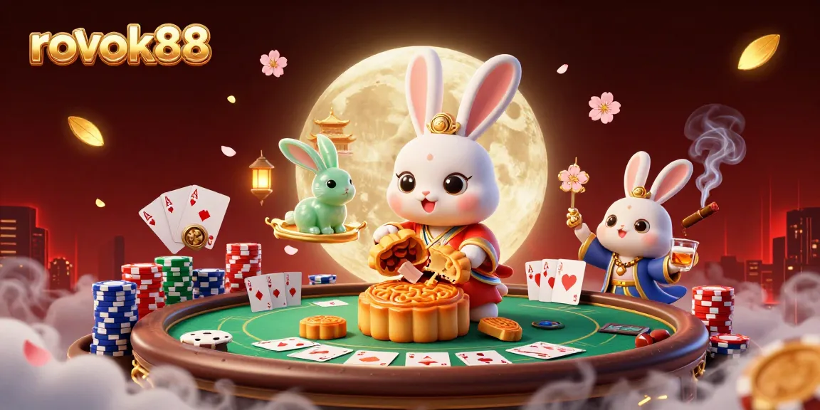 Engage in the thrill of rokok88 with a moon rabbit illustration revealing poker chips and playful casino elements.