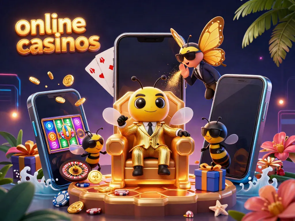 Experience dynamic online casinos with vibrant characters and game elements in this detailed illustration.