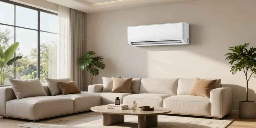 Modern living room featuring a mini split 12000 btu air conditioner, stylish decor, and natural light.