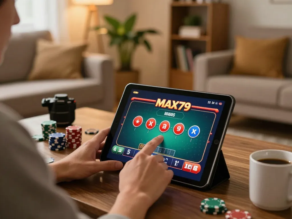 Player engaging in poker at MAX79 on a tablet in a cozy living room atmosphere.