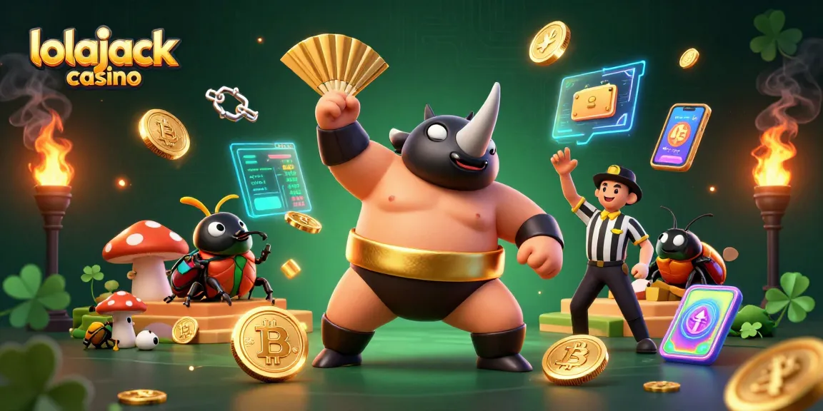 Engage with lolajack casino's thrilling atmosphere featuring a rhinoceros beetle champion and dazzling crypto coins.