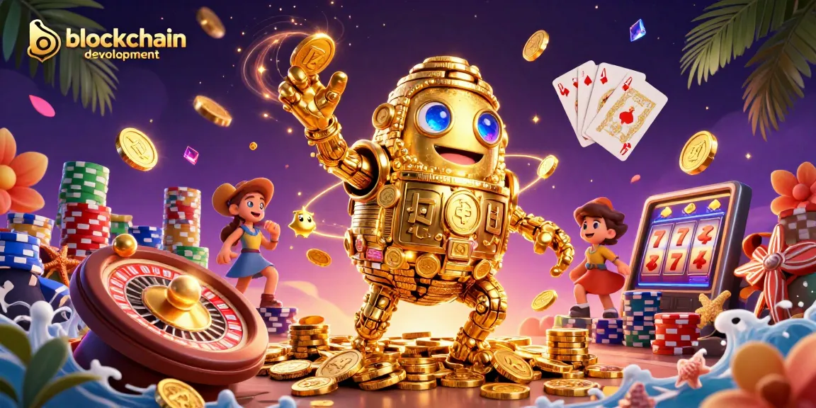 Engage in blockchain development with our vibrant digital casino featuring golden golems, coins, and roulette.