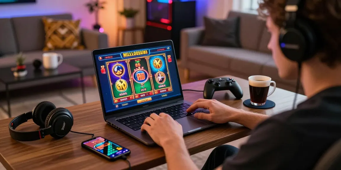 Player engaging in million casino login on a laptop at home, surrounded by gaming accessories in a vibrant setting.