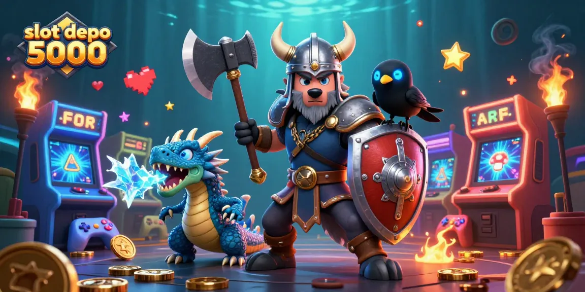 Experience thrilling gameplay with slot depo 5000, featuring a Viking warrior and magical creatures in a vibrant casino world.