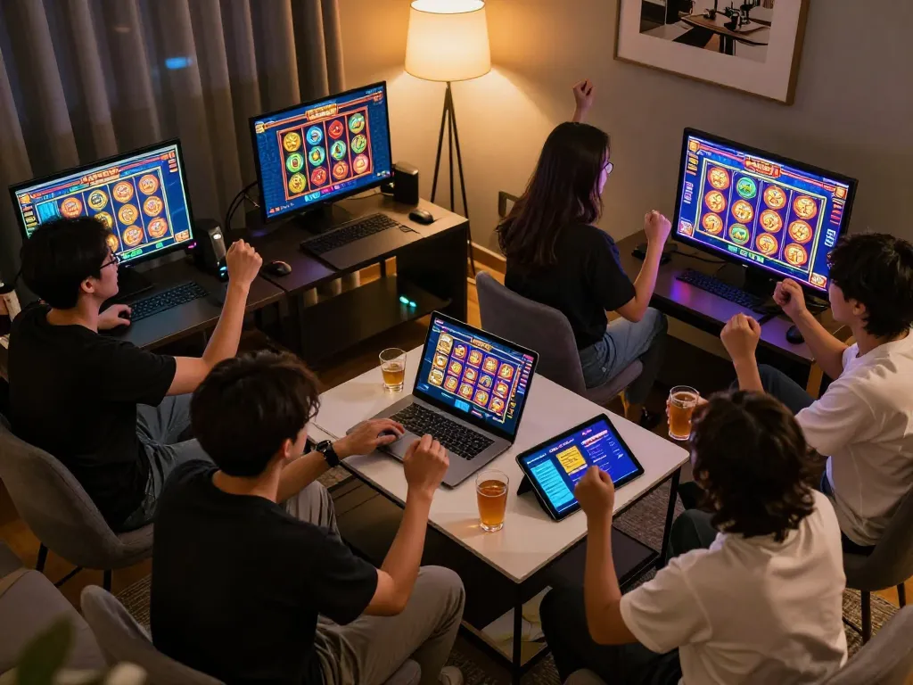 Players enjoying an online slot pulsa session with vibrant screens and celebratory moments.