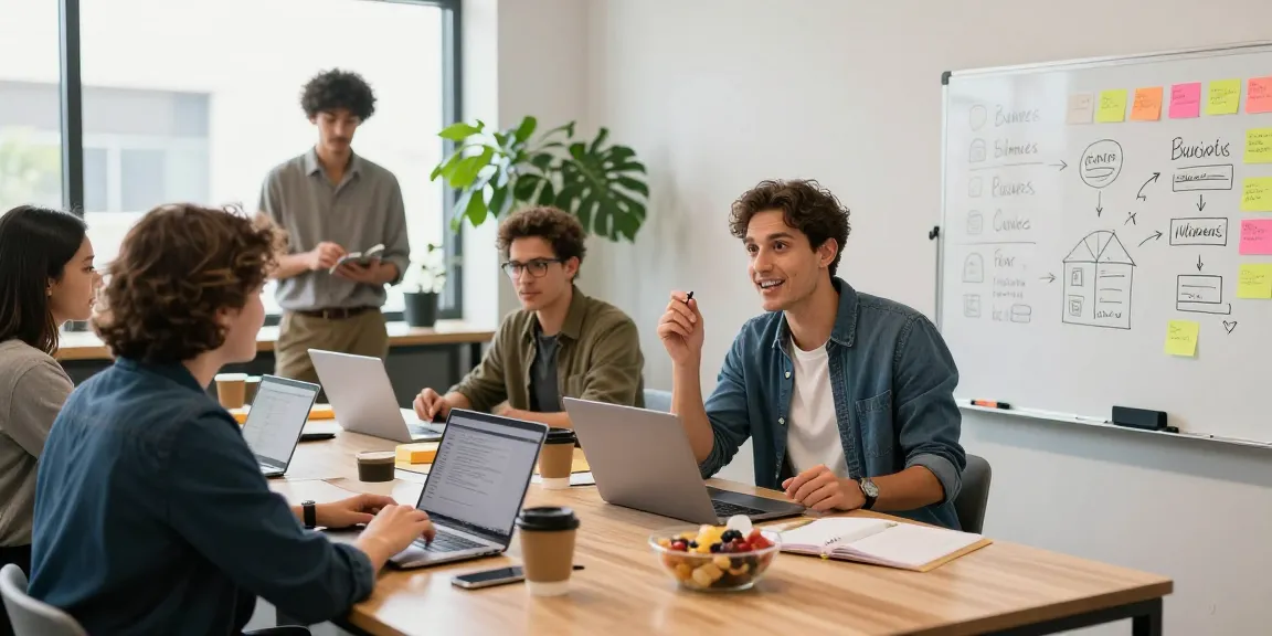 Entrepreneurs collaborating at https://www.startsomethingpc.com in a vibrant startup workspace.