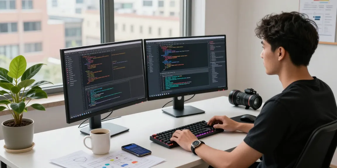 Sketch of a productive software development workspace at telegraimin.com with code on monitors and a modern desk
