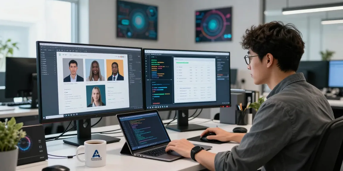 An engaged data scientist using a free AI image detector in a modern workspace, analyzing images on multiple screens.