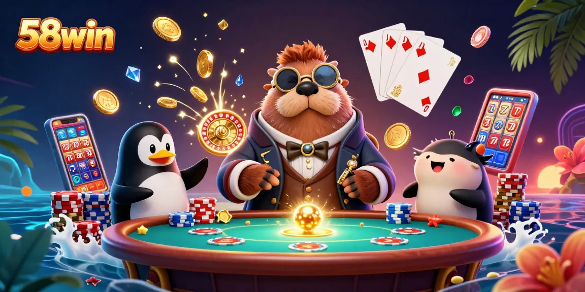 Experience thrilling gaming action with 58win's vibrant underwater casino scene featuring poker and slots.