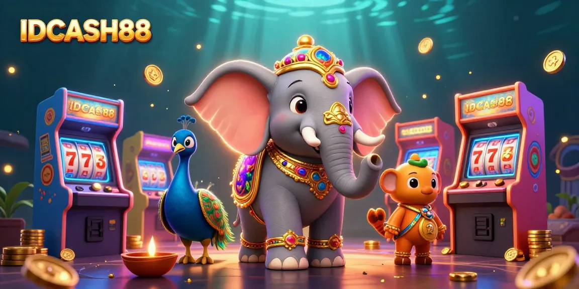 Experience IDCASH88 with vibrant slot reels and festive characters in this captivating casino scene.