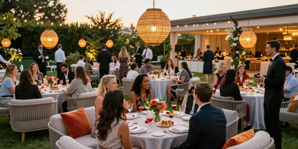Event rentals showcasing elegant outdoor corporate gathering with upscale decor and lush landscaping