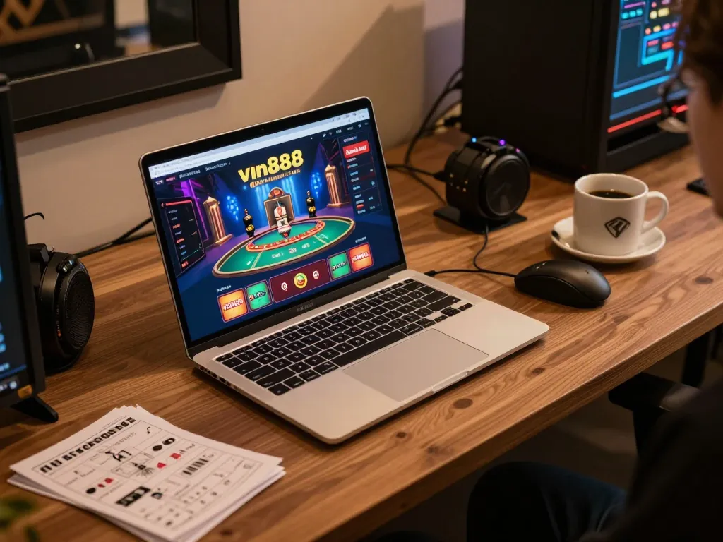 Engaging in vin88 online casino gaming on a stylish laptop with strategy notes at hand