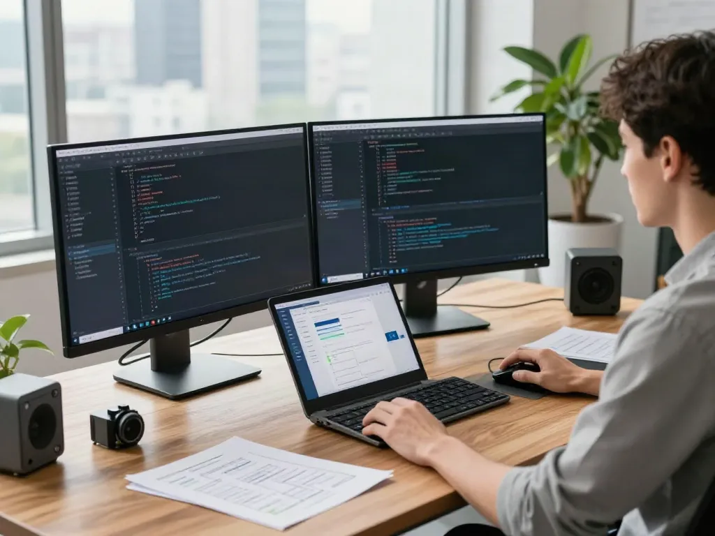 v2rayN software development workspace with dual monitors and coding interfaces in a modern office setting
