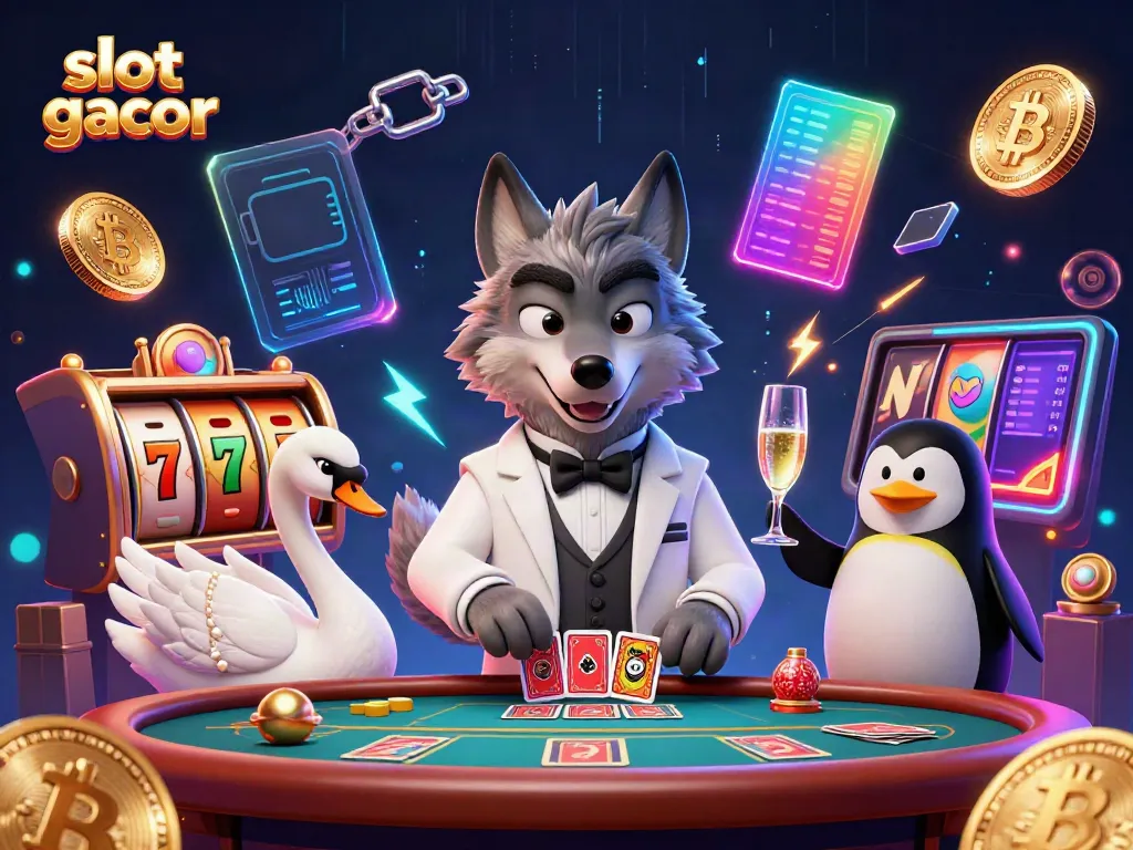 Engage with slot gacor through vibrant casino illustration featuring unique characters and slot elements.