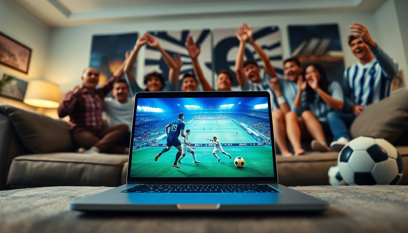 BOLAKAMI streaming football match on a laptop with fans in a cozy living room.
