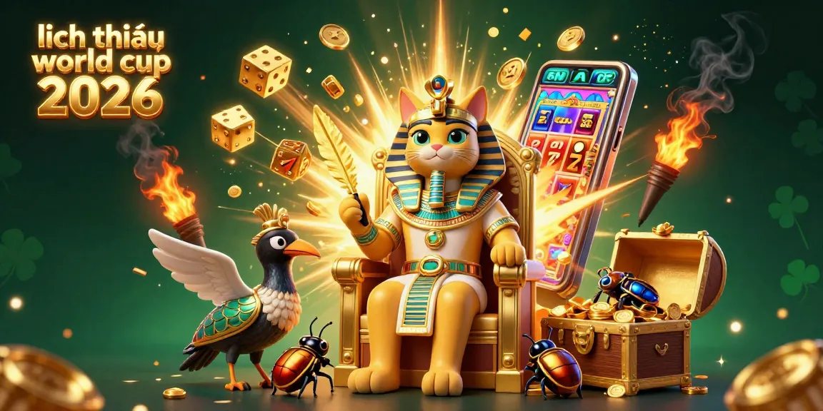 Experience the thrill of lịch thi đấu world cup 2026 with a vibrant 3D digital illustration featuring a pharaoh cat in a casino.