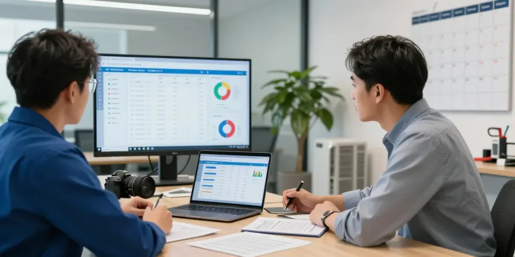 Engaged professionals using HVAC Business Software in a modern office to manage operations effectively