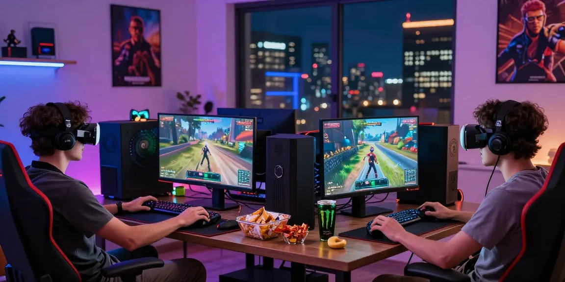 Friends enjoying a gaming night with snacks and vibrant visuals, showcasing the fun of rokok88 daftar.