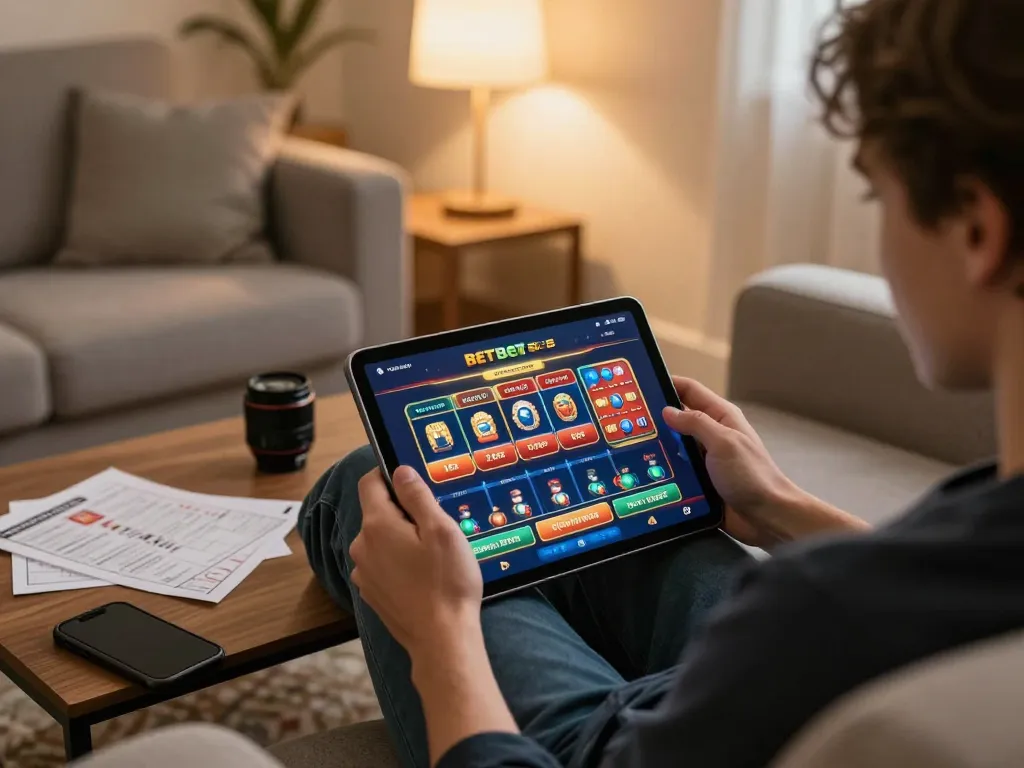 Engaged player using the betbet app on a tablet in a cozy home setting, showcasing strategic online gambling.