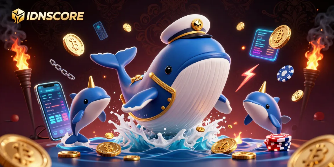 Experience high odds with IDNSCORE in a captivating gaming scene featuring vibrant whales and dynamic elements.