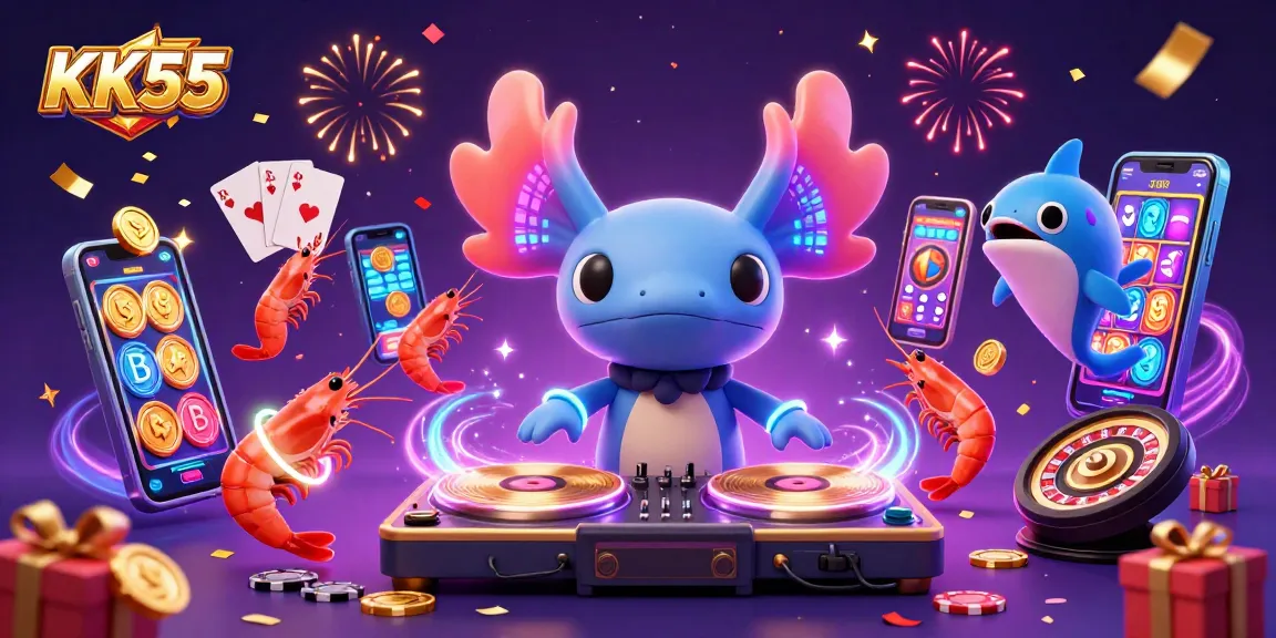 Engage with the vibrant KK55 casino experience featuring animated axolotl DJ and dynamic gaming elements.