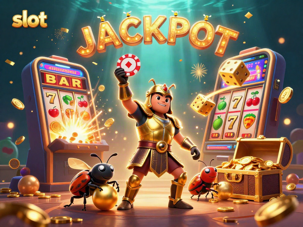 Engage with slot gameplay through a dynamic 3D scene showcasing a victorious beetle amidst bright slot symbols.