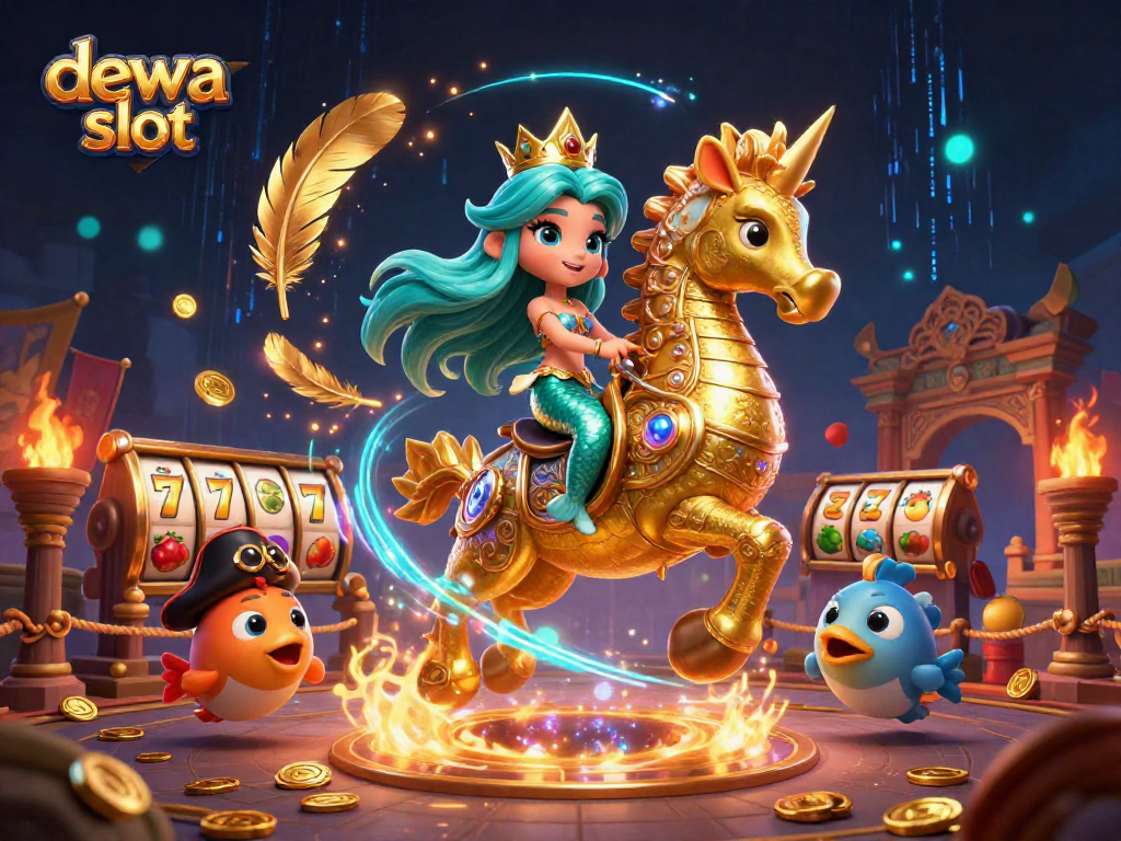 Gambarkan dewa slot dengan putri duyung yang menunggang kuda laut emas dalam pertempuran kasino yang megah.