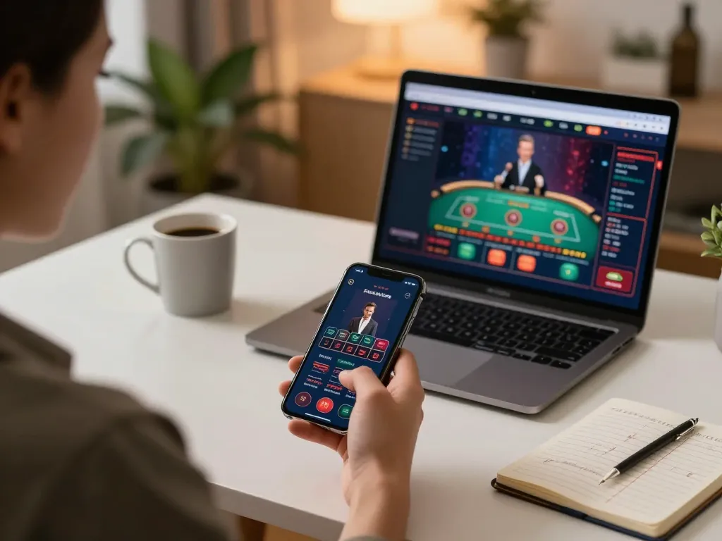 Engaging mobile gambling on 58win app with smartphone and laptop setup, showcasing dynamic betting atmosphere.