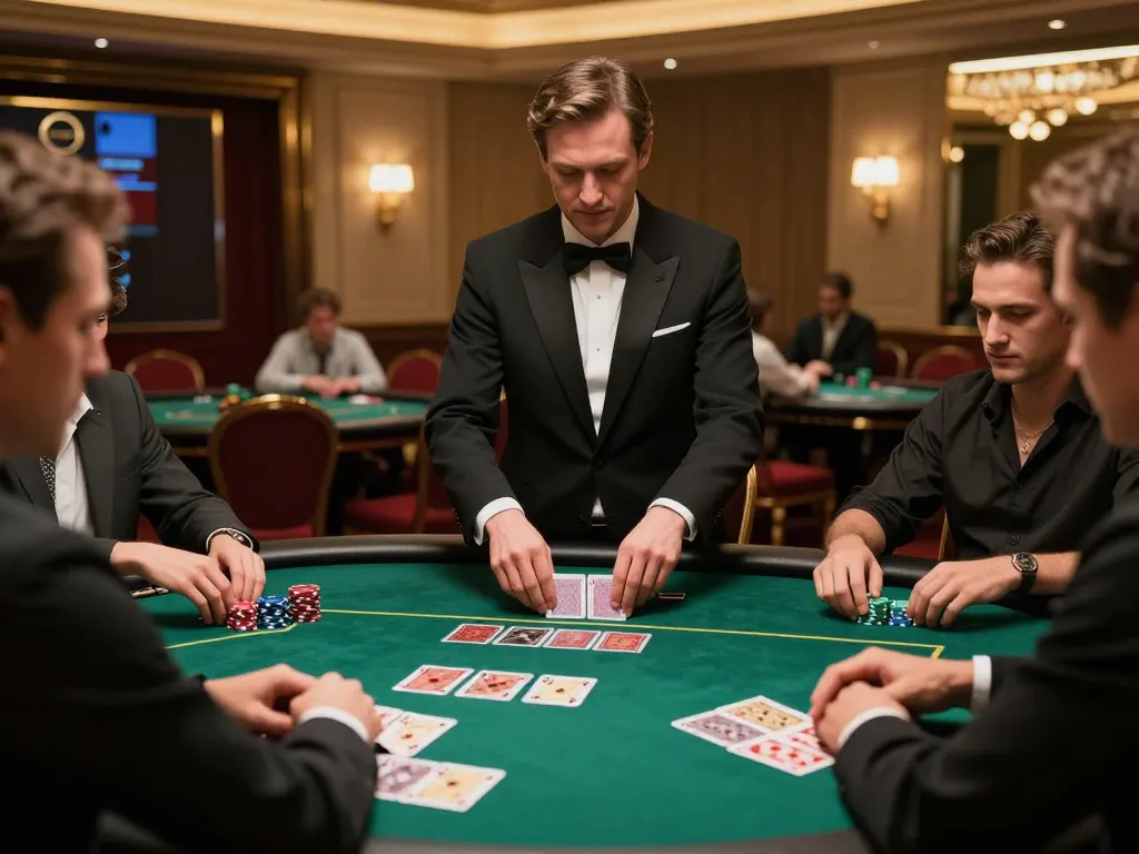 TG88 poker game in progress at upscale casino with engaged players and professional dealer