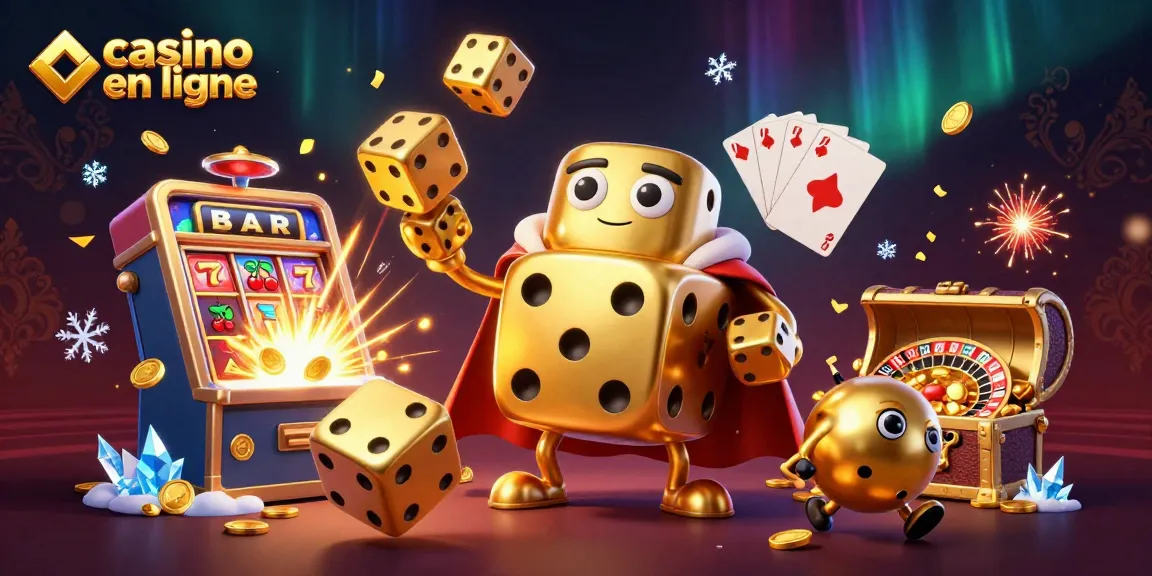 Découvrez le casino en ligne avec une illustration 3D dynamique des jeux, dés et machines à sous.