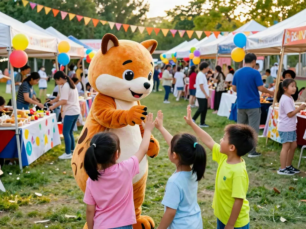Cheerful mascot costumes uk engaging with children at a vibrant community festival.
