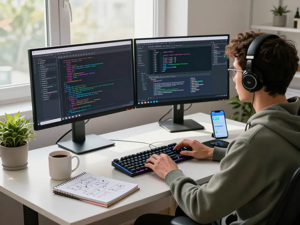 Moltbot coding environment with developer using dual monitors, displaying vibrant code and project management tools.