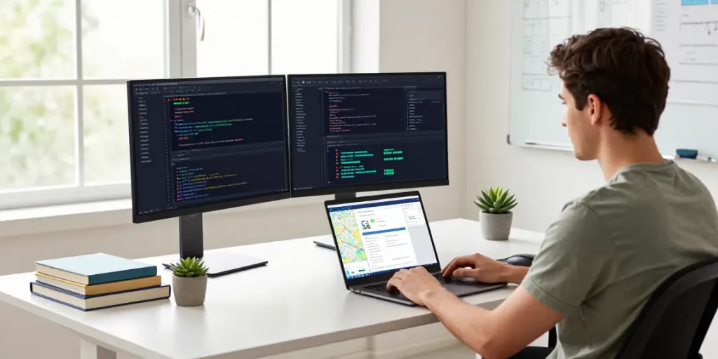 Developer using a Google Maps scraping tool by Outscraper in a modern workspace, surrounded by tech elements.