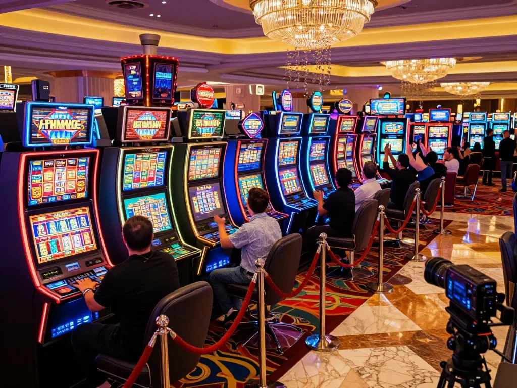 Enjoying the thrill of slot machines at XX88 casino, players celebrating wins amidst colorful lights.