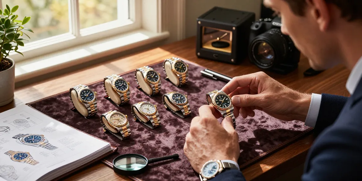 Detailed close-up of rolex super clone watches in a luxury collector's workspace, showcasing authentic craftsmanship and elegance.
