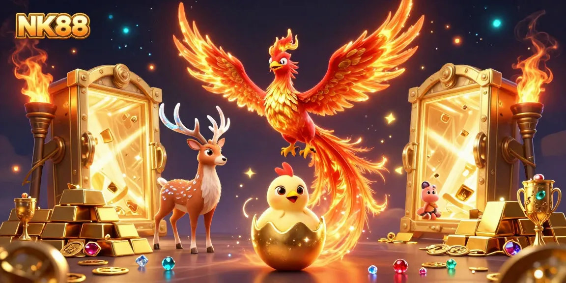 Experience excitement and winning opportunities with NK88's vibrant casino world, showcasing massive treasures.