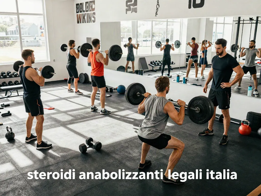 Gym scene with people exercising and lifting weights, highlighting 'steroidi anabolizzanti legali italia' focus on health and fitness.