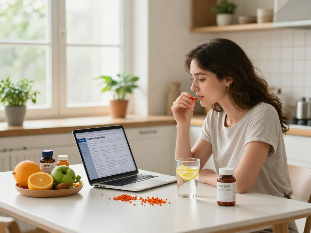 Exploring astaxanthin supplement Canada options in a bright kitchen with fresh ingredients and wellness vibes.