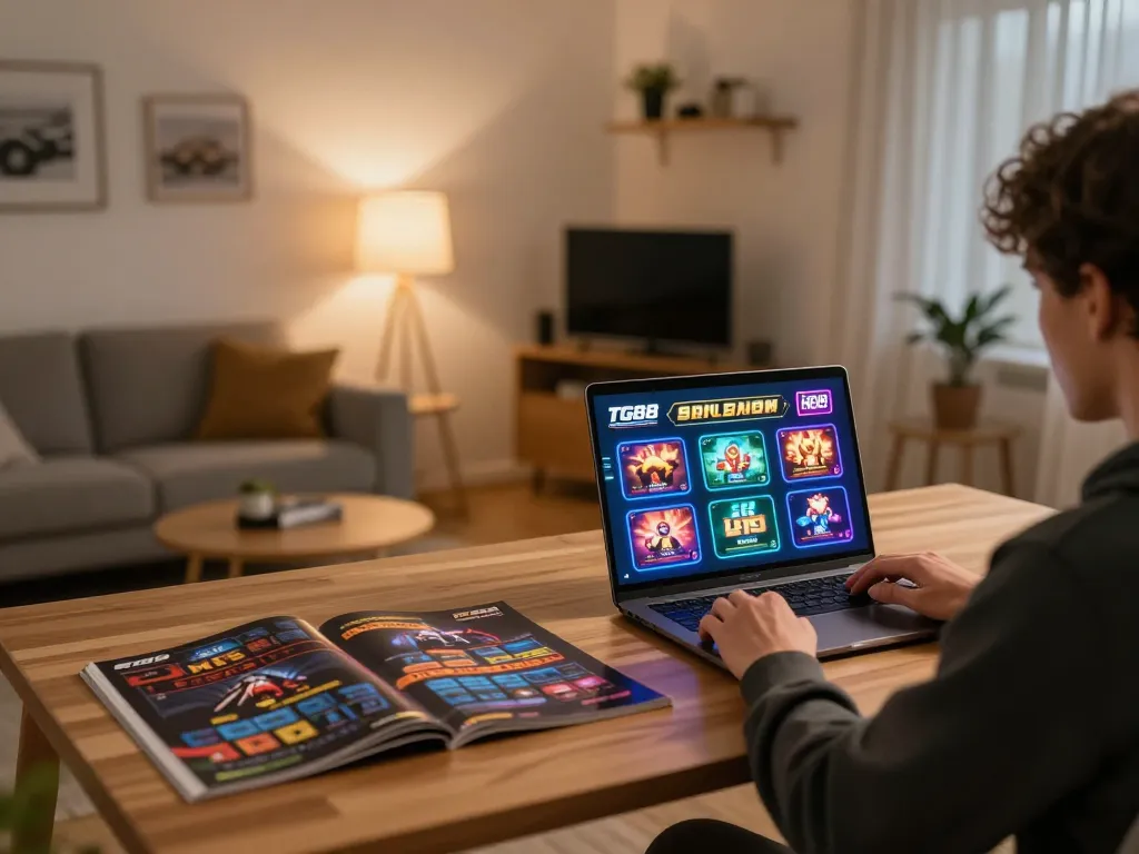 Engaged player using TG88 online casino on laptop, showcasing gaming strategy and excitement
