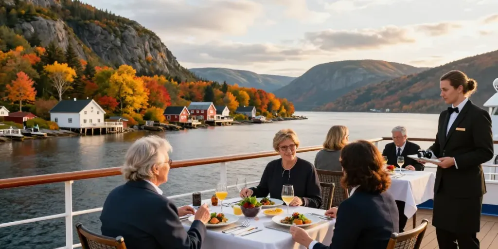 Luxury Canada cruises offer breathtaking views and gourmet dining amidst stunning coastal landscapes.