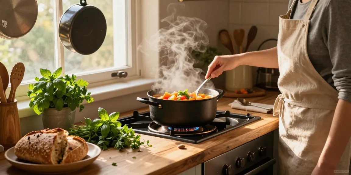 Gesunde Kochszene mit der Zubereitung einer lebhaften vegetarischen Suppe in einer gemütlichen Küche.