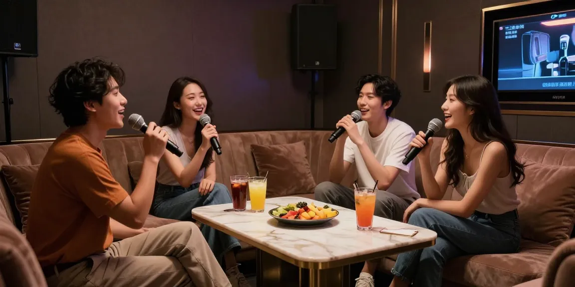 엘리트 가라오케의 프라이빗 룸에서 친구들이 노래를 부르며 즐거운 시간을 보내고 있습니다.