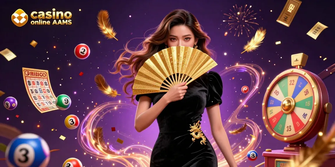 Vivi l'emozione del casinò online non AAMS, con una strepitosa donna asiatica in una scena vibrante piena di elementi di lotteria.