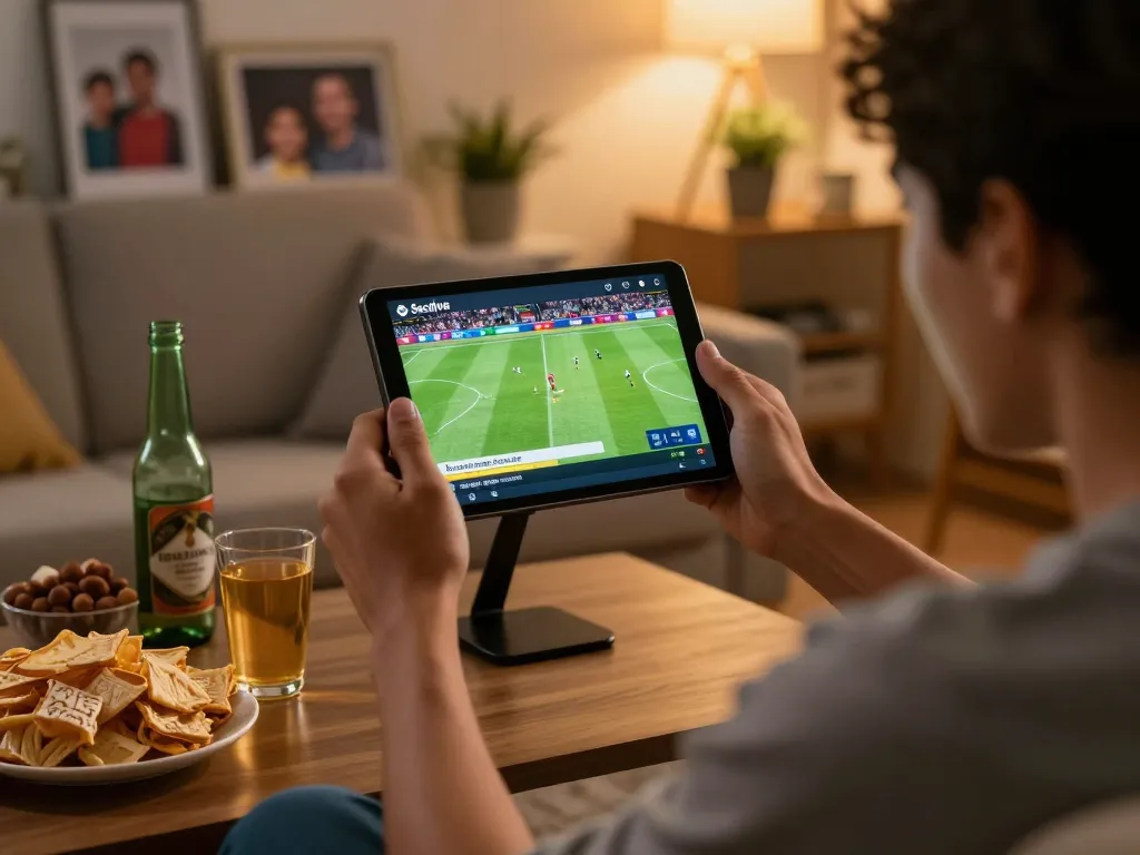 Engaged viewer cheering for soccer while using Socolive link on a tablet in a cozy home setting.