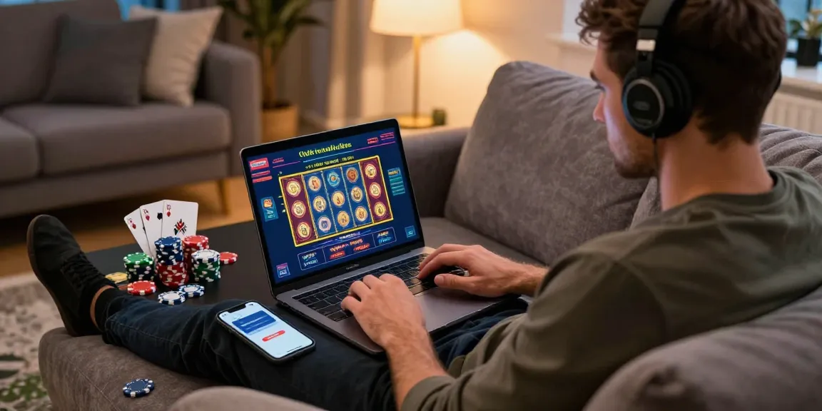 Engaging scene of a gambler enjoying credit card casinos UK, with vibrant decor, laptop gameplay, and a cozy atmosphere.