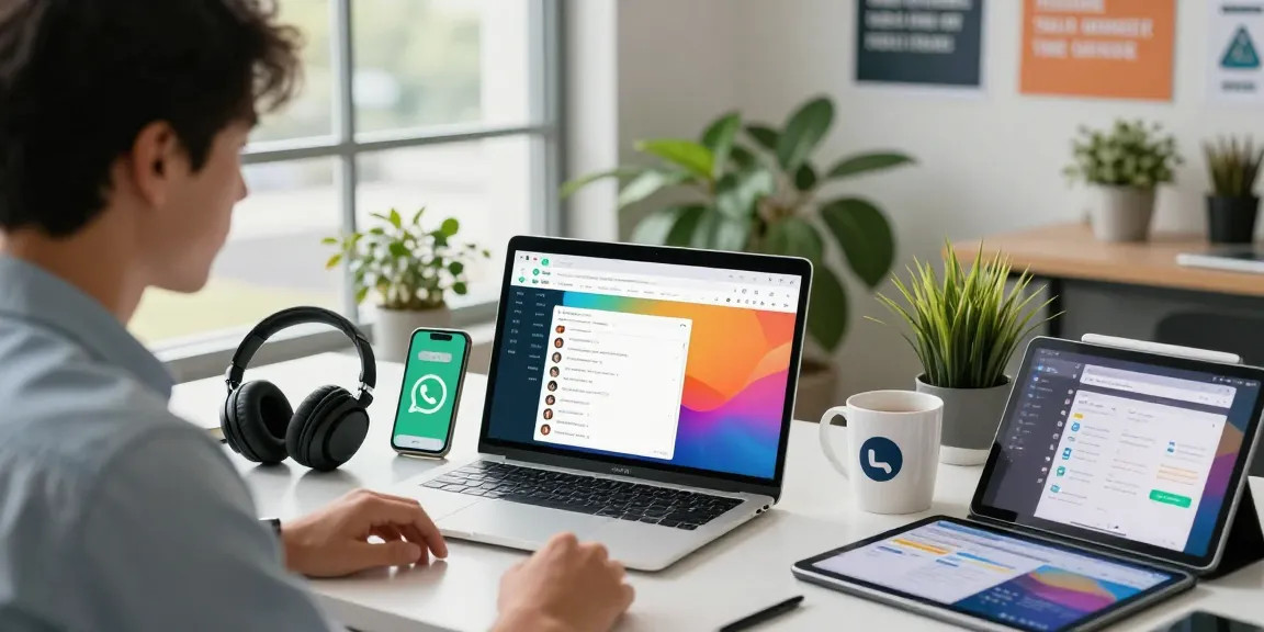 Professional workspace with WhatsApp網頁版 open on laptop, showcasing modern communication in a dynamic office.