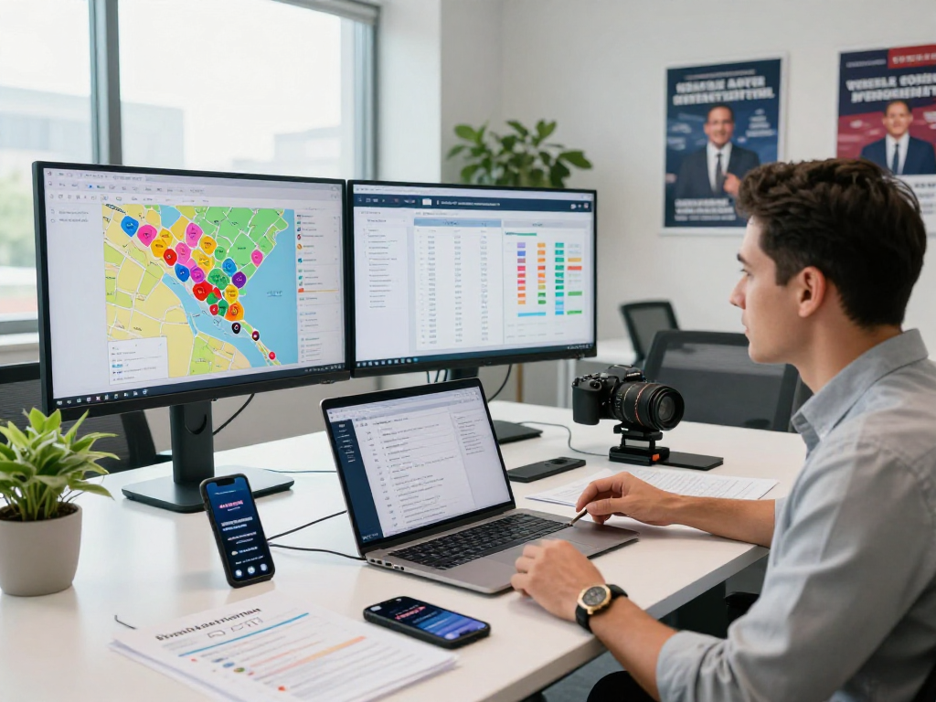 Political texting platform showcased in a vibrant political campaign workspace with data analysis and strategy planning.