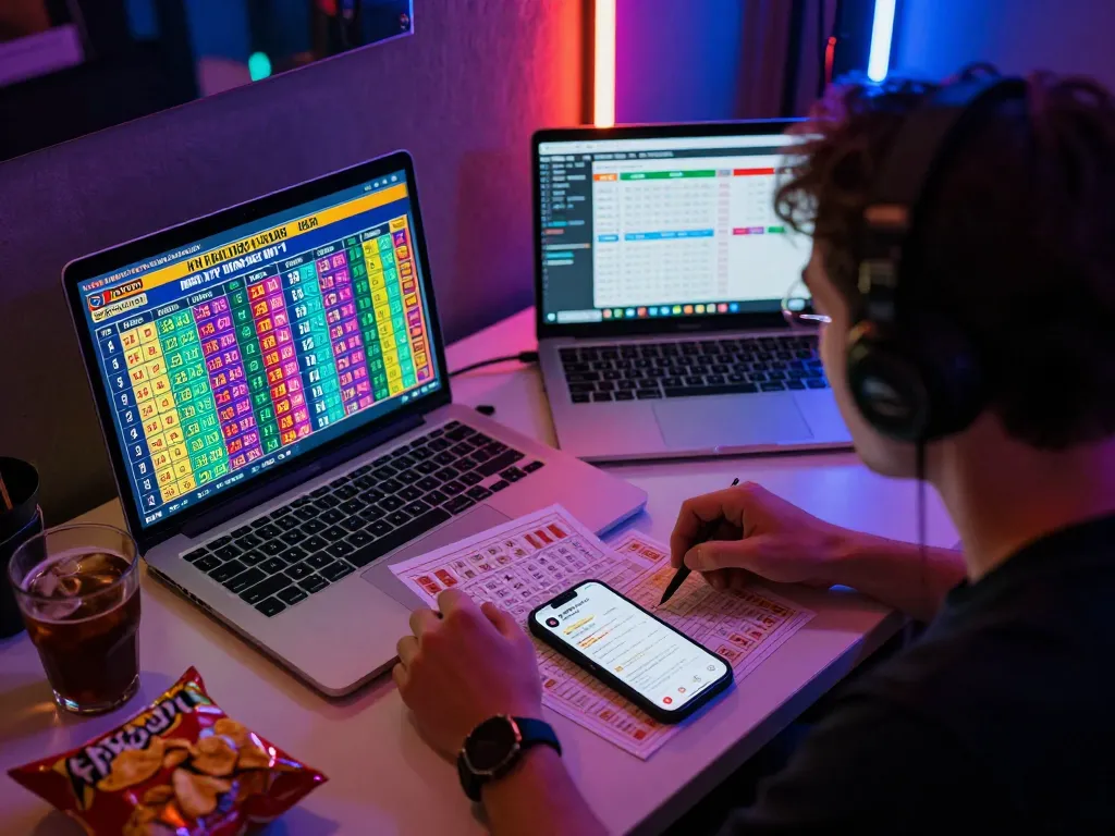 Engaged player checking HK Hari Ini lottery results at night with vibrant displays.