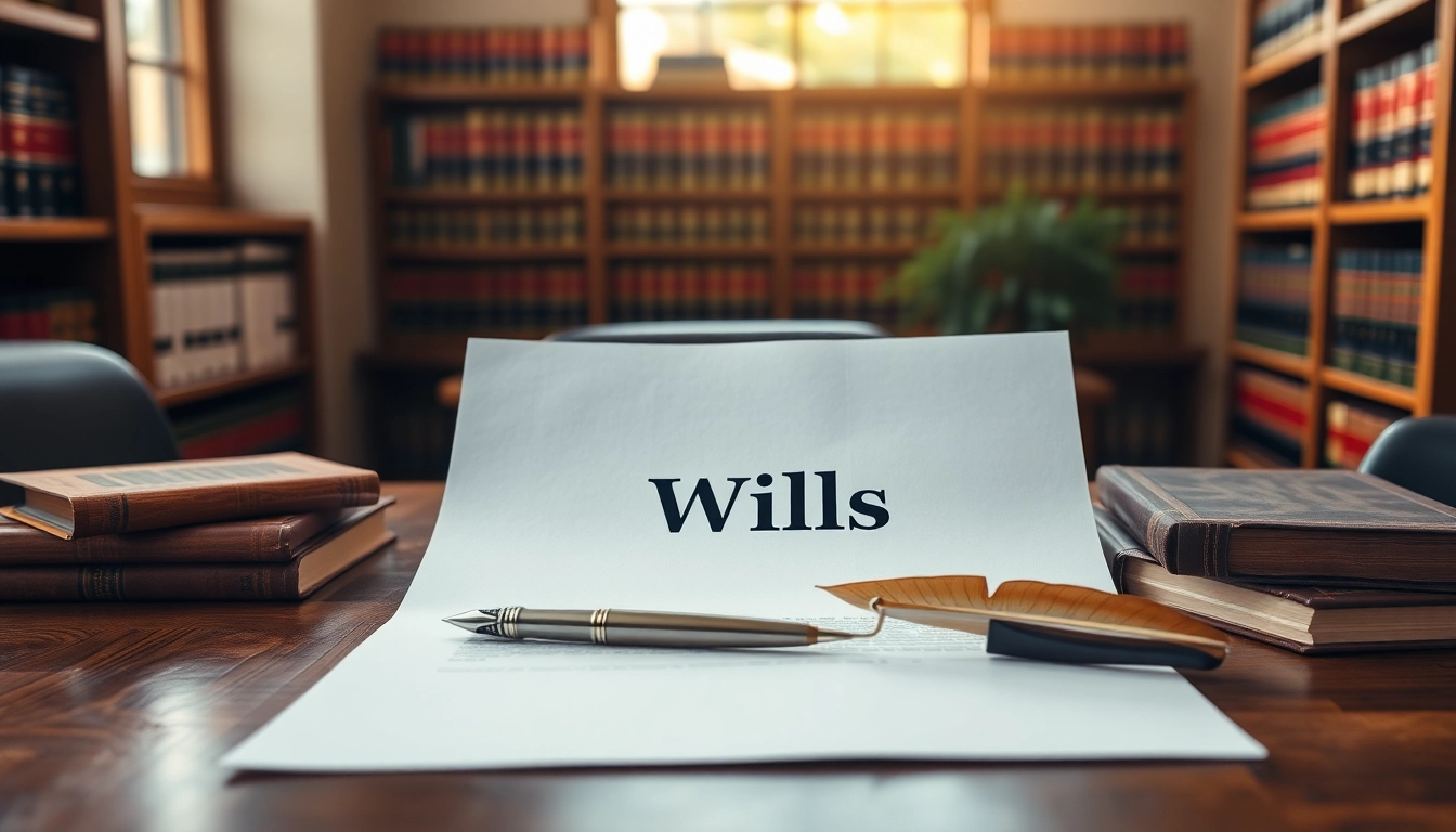 Discussing Wills with legal documents and a vintage quill on a wooden desk.