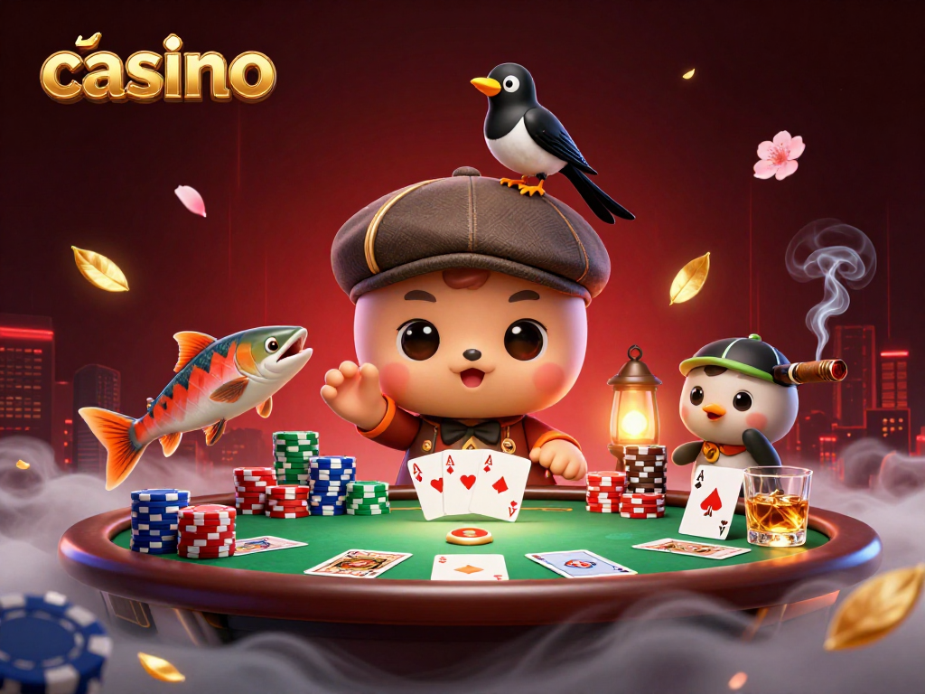 Engage in thrilling casino action with Nessie and friends surrounded by vibrant poker elements.